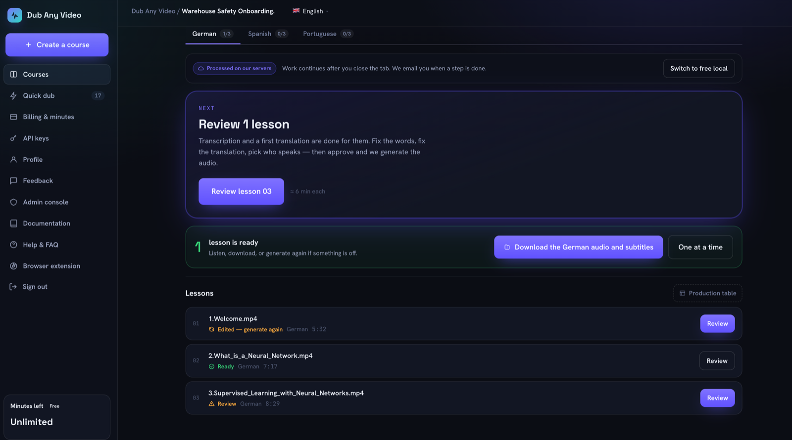 A course list where one lesson reads Edited, generate again while another is still ready