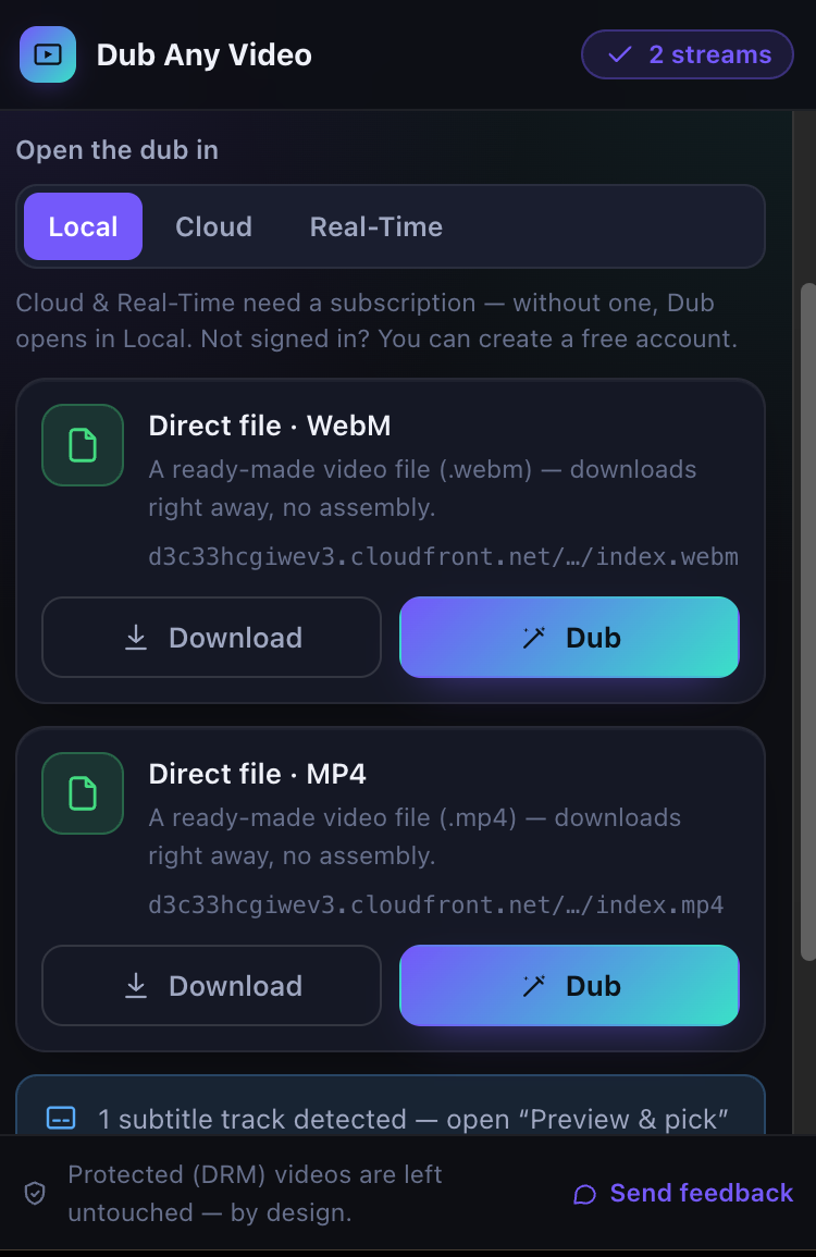 The extension popup listing two detected direct files with Download and Dub buttons, an engine selector, and a note that DRM videos are left untouched