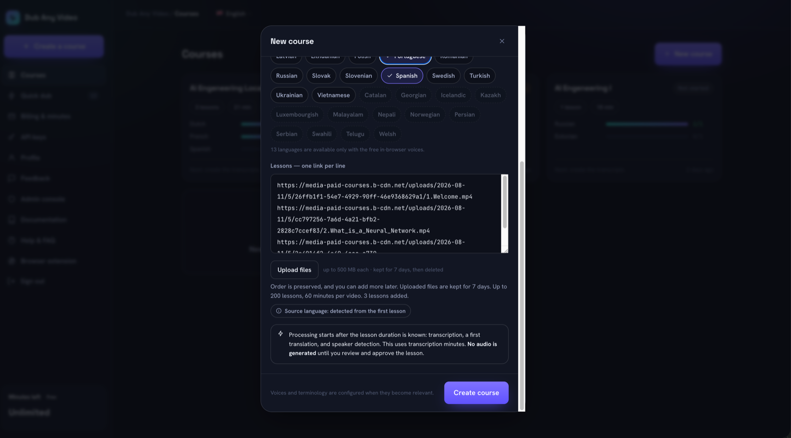The new course dialog with target languages selected and a list of lesson links