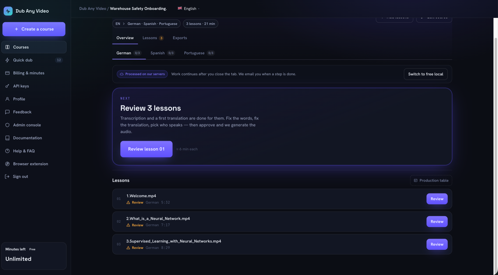 A course with three lessons waiting for review