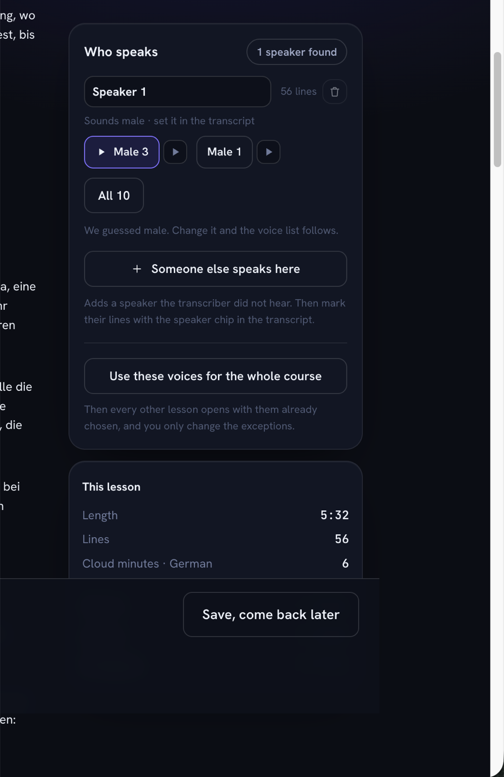 A speaker panel with a guessed gender and a button applying the voices to the whole course