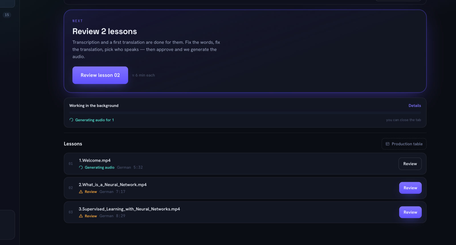 A course with one lesson generating and two waiting for review