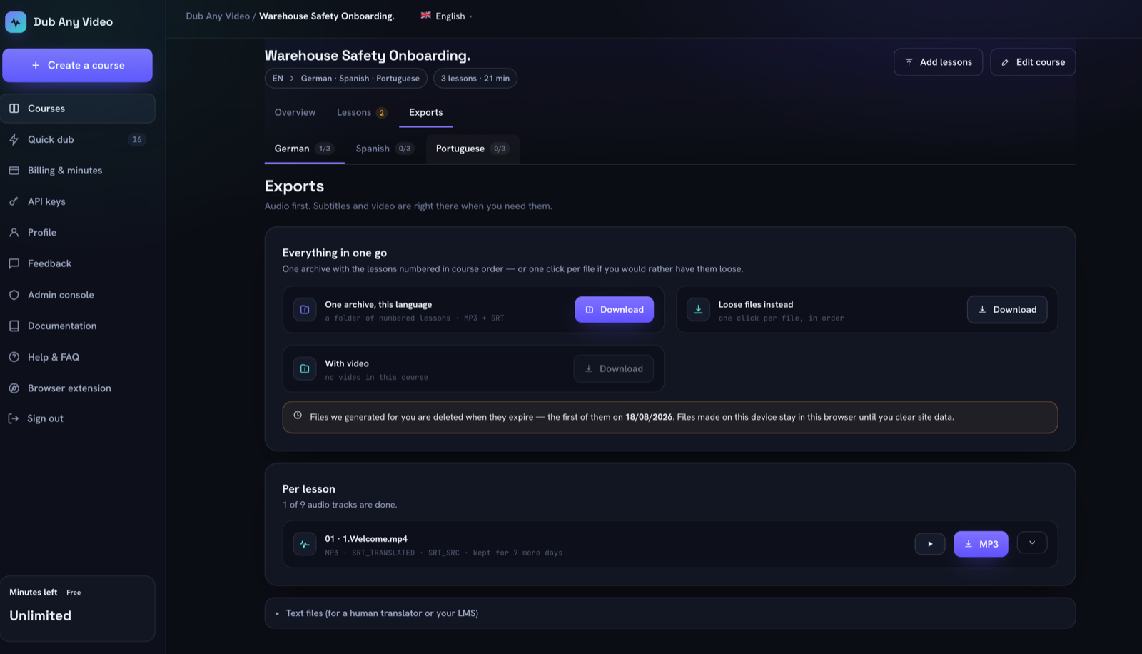 The exports tab with one archive per language, per-lesson MP3 and SRT, and an expiry notice
