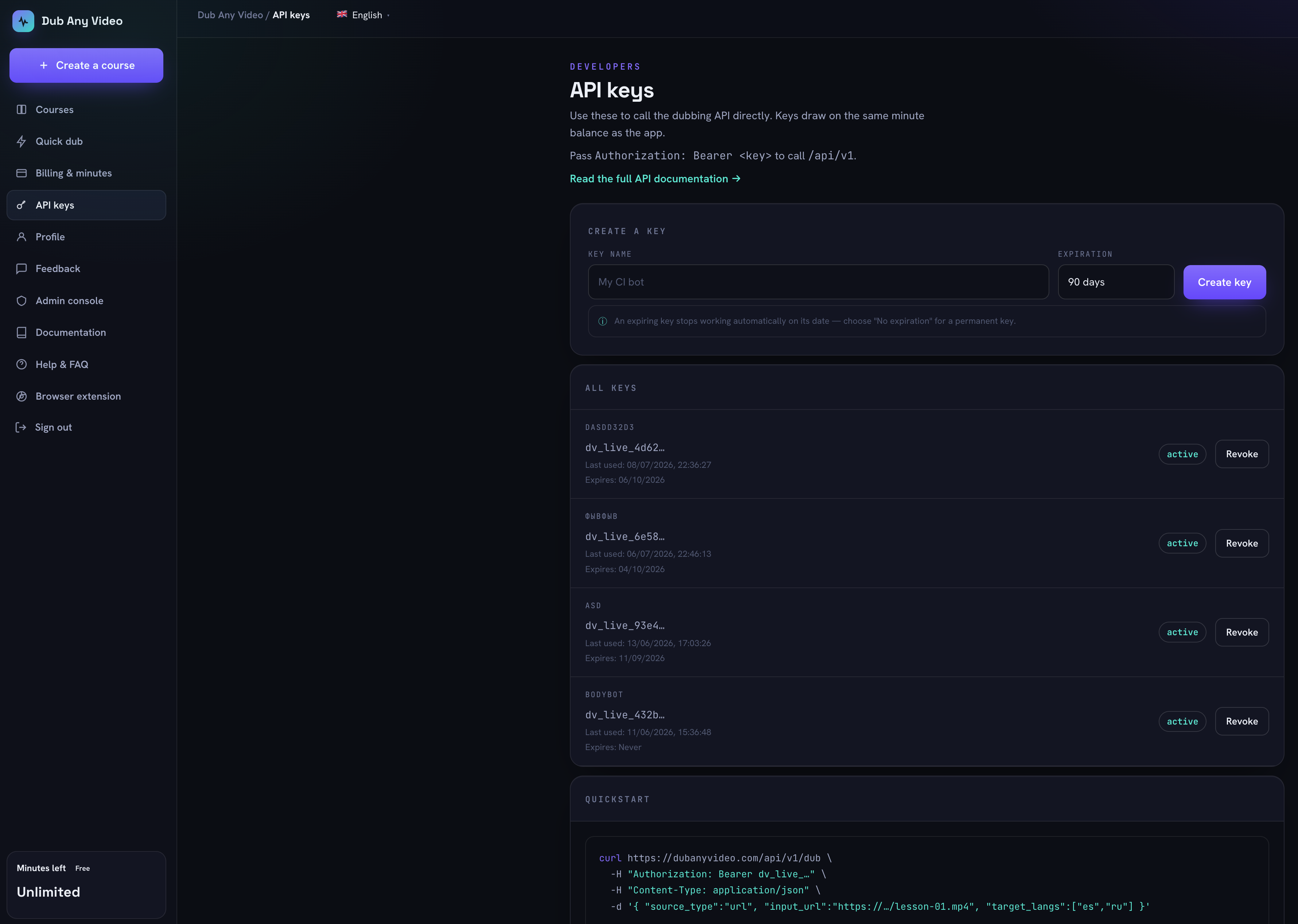 The API keys screen with a create-key form, a list of masked keys showing last-used and expiry dates, and a curl quickstart below